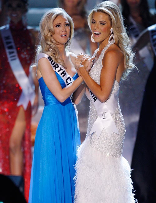 Miss North Carolina Kristen Dalton, left, and first runner-up Miss California Carrie Prejean from San Diego react after Dalton is announced the winner.