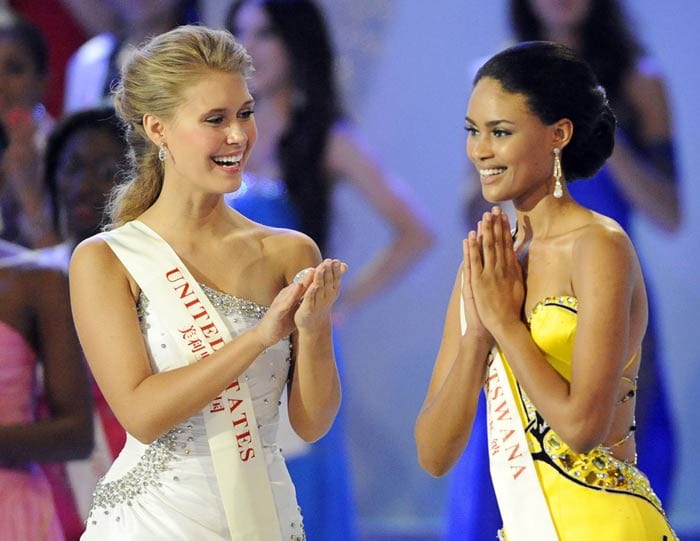 Paint the town yellow: Miss Botswana Emma Wareus reacts after being named as the first runner up. (Photo: AFP)