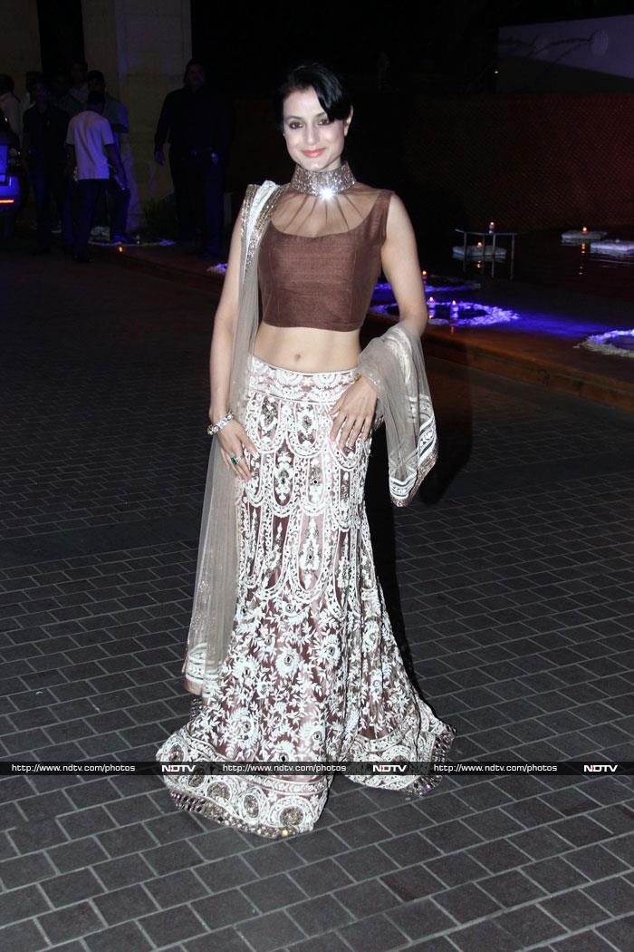 Also wearing a <i>lehenga</i> by the designer was actress Ameesha Patel.