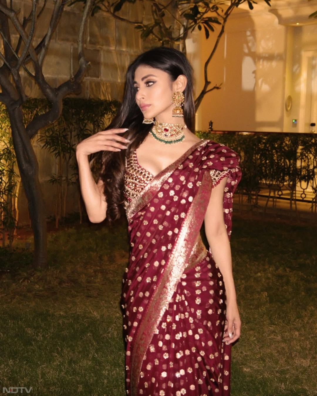 मौनी ने साड़ी के साथ बाल खुले रखे हैं और चोकर पेयर किया है. imouniroy/Instagram