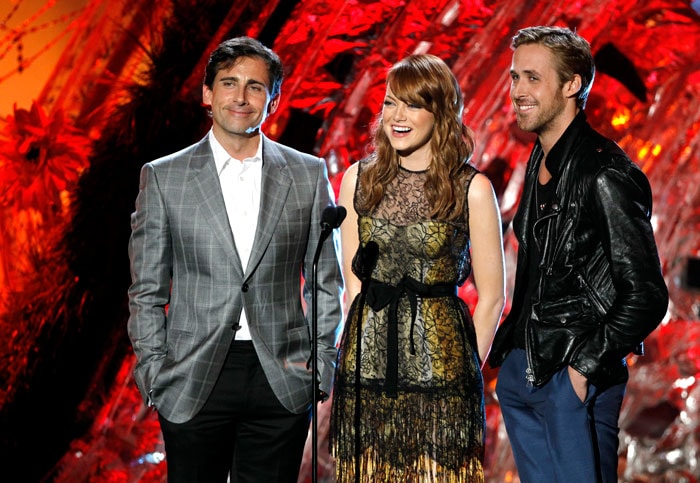 Steve Carell, Emma Stone and Ryan Gosling present the award for Best Villain  at the MTV Movie Awards.