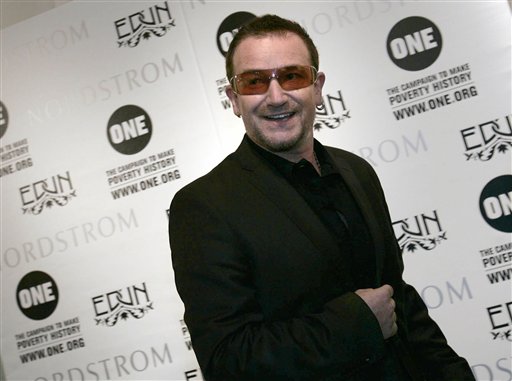 Singer Bono is shown during a launch event for the One campaign against poverty at Nordstrom at the Grove in Los Angeles. A designer T-shirt that will raise money to pay for AIDS medication and medical care in Africa.
