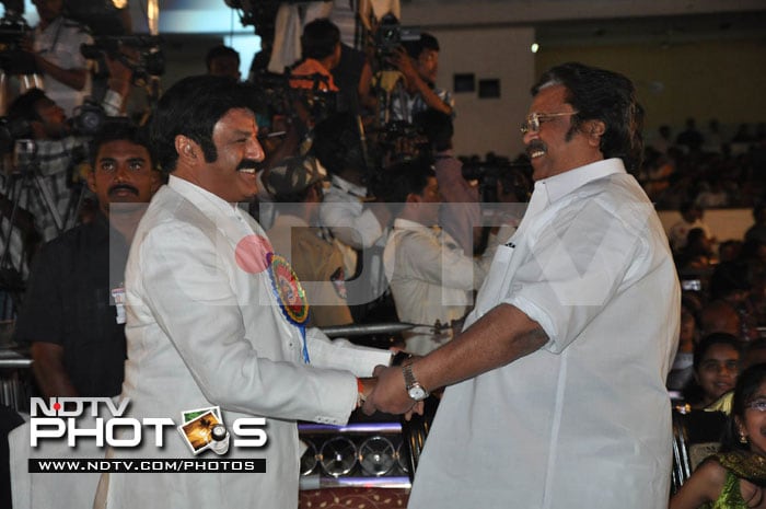 Nandamuri Balakrishna congratulates actor and filmmaker Dasari Narayana Rao.