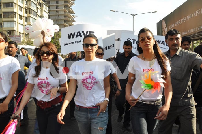 Bollywood stars Neha Dhupia, Minissha Lamba and Mugdha Godse protest against domestic violence on women.