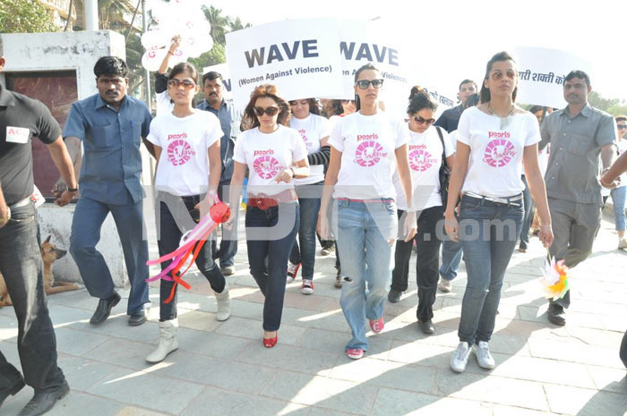 Bollywood stars Neha Dhupia, Minissha Lamba and Mugdha Godse protest against domestic violence on women.
