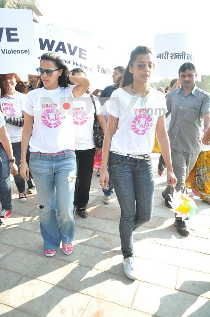Bollywood stars Neha Dhupia, Minissha Lamba and Mugdha Godse protest against domestic violence on women.