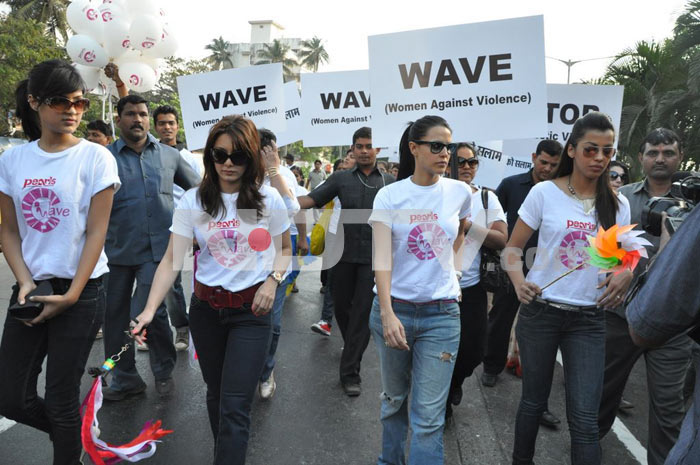 Bollywood stars Neha Dhupia, Minissha Lamba and Mugdha Godse protest against domestic violence on women.