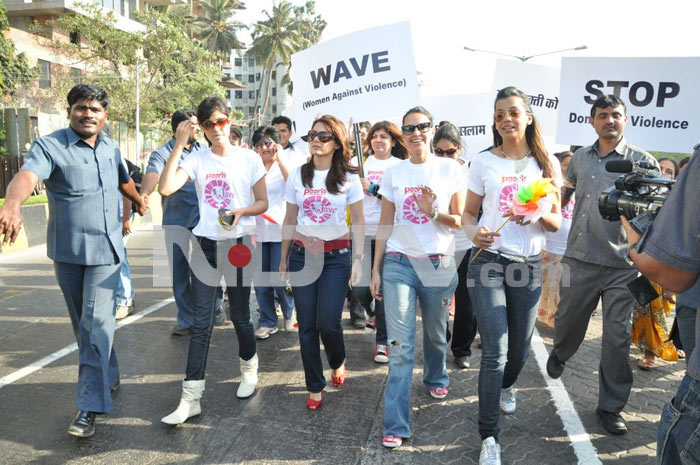Bollywood stars Neha Dhupia, Minissha Lamba and Mugdha Godse protest against domestic violence on women.