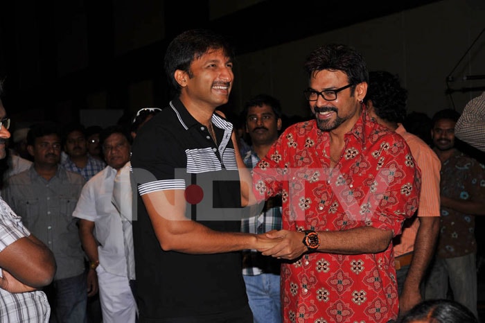 The film's producer Nallamalupu Bujji and Venkatesh share a moment.