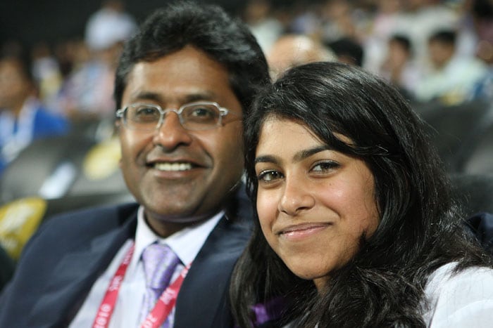 IPL Chairman and Commissioner Lalit Modi (L) and his daughter Aliya Modi pose for pictures during the 2010 DLF Indian Premier League T20 semi final match between Mumbai Indians and Royal Challengers Bangalore played at DY Patil Stadium on April 21, 2010 in Navi Mumbai, India.  (Photo: IPL2010/Getty Images)