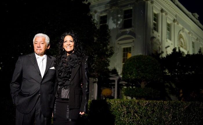 Performers Pete Escovedo, left, and Shelia E., pose on the South Lawn of the White House, Tuesday, Oct. 13, 2009 in Washington, before a performance celebrating Hispanic musical heritage. (Photo: AFP)