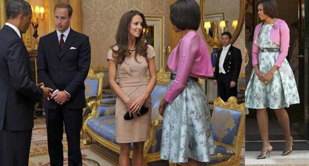 Some style watchers say the First Lady failed to score a perfect 10 when she met another fashion plate ? the new Duchess of Cambridge, Kate Middleton, at Bucks Palace. Michelle Obama wore a pale green, floral, a-line dress from American designer Barbara Tfank's 2011 resort collection. <br><br>
The Duchess of Cambridge scored a win with a beige, short-sleeved, Shola "bandage" dress from Reiss, one her favorite designers.