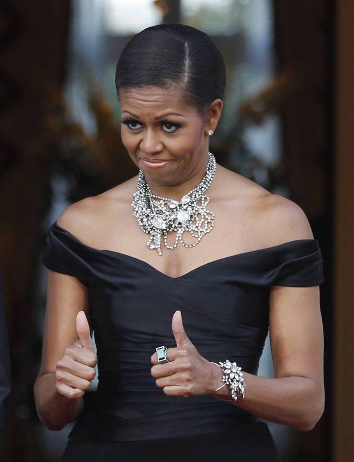 Michelle Obama dazzled in the diamond necklace and matching bracelet.