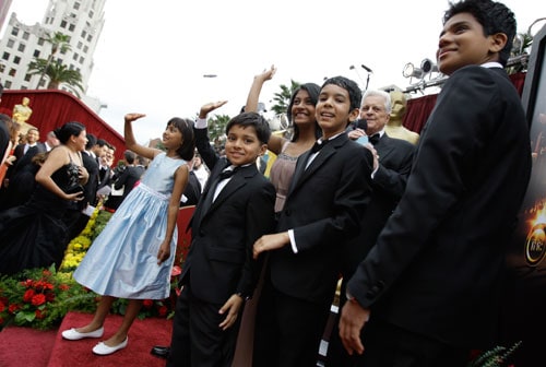 Young stars of <i>Slumdog Millionaire</i>, from left, Rubina Ali, Ayush Mahesh Khedekar, Tanvi Ganesh Lokar, Tanay Hemant Chheda and Ashutosh Lobo Gajiwala, arrive for the 81st Academy Awards