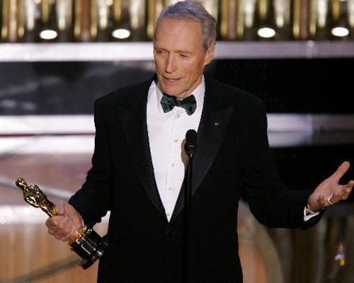 Director Clint Eastwood during his acceptance speech for Best Director for <I>Million Dollar Baby</i>. Eastwood's latest film <I>Changeling</i> is up for three Oscars this year. Best Actress (Angelina Jolie), Best Art Direction and Best Cinematography.
