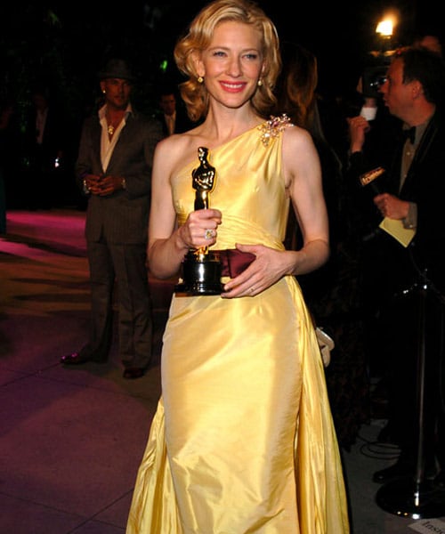 Cate Blanchett with her award for Best Supporting Actress for <I>The Aviator</i> in 2005. She portrayed the role of Katherine Hepburn in the film. While Blanchett has a release this year (<I>The Curious Case of Benjamin Button</i>), she isn't nominated.