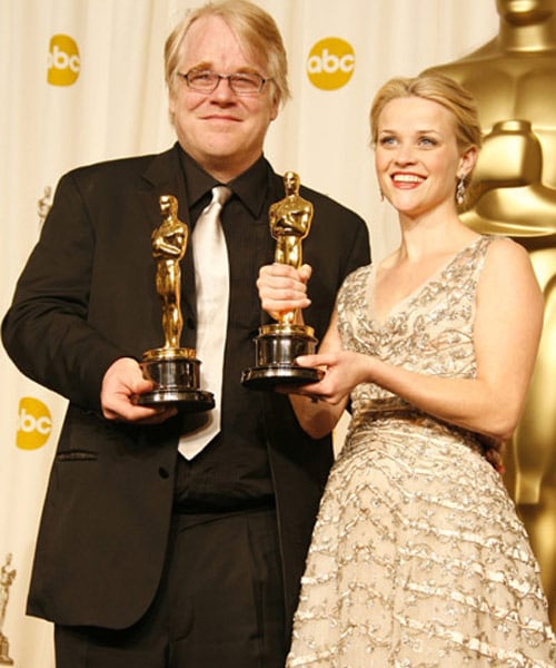 The Best Actor Philip Seymour Hoffman (<I>Capote</i>) and Best Actress Reese Witherspoon (<I>Walk The Line</i>) of 2006 pose with their awards.
