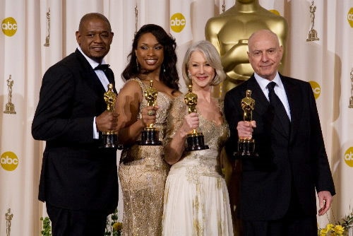The big winners of the 2007 Oscars: from the left, Forrest Whitaker (Best Actor, <I>Last King of Scotland</i>), Jennifer Hudson (Best Supporting Actress, <I>Dream Girls</i>), Helen Mirren (Best Actress, <I>Queen</i>), and Alan Arkin (Best Supporting Actor, <I>Little Miss Sunshine</i>).
