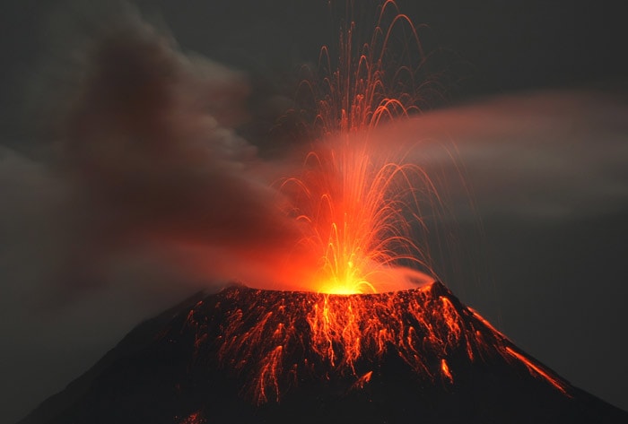 Volcano Tungurahua throws ash and stones during an explosion, just before midnight on Friday May 28, 2010, in Cotalo, Ecuador. (Photo: AP)