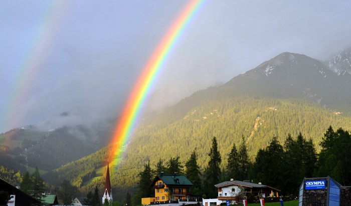 A rainbow is seen over Tyrolian village of Seefeld in Austria on May 27, 2010 where Netherland football team have training camp prior to the FIFA World Cup 2010 in South Africa starting on June 11. (Photo: AFP)