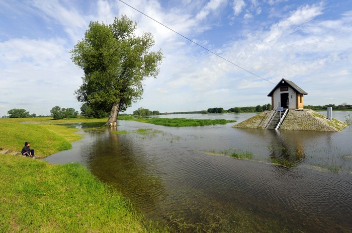 Floods surround a water-level control point standing on the plains of the Oder river in Ratzdorf near the Polish-German border on May 24, 2010. Public authorities expect the highest level of the flood wave to come to Germany on Wednesday or Thursday. Floods sweeping across Poland have killed 10 people in the past week, and caused damage estimated at more than 2.4 billion euros (3.2 billion dollars). (Photo: AFP)