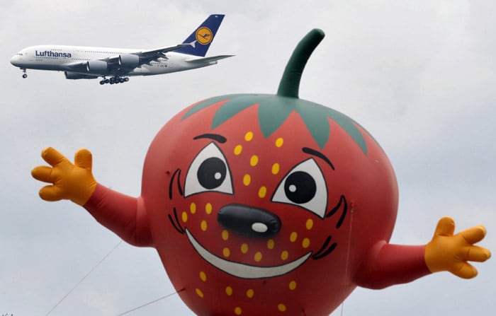 A giant strawberry figure can be seen as an Airbus A380 of German airline Lufthansa flying towards the airport of Baden-Baden next to the village of Rheinmuenster, southern Germany, during a landing training for pilots on May 31, 2010. The German national football team will use this A380 when they travel on June 6, 2010 to South Africa to take part in the 2010 Football World Cup. (Photo: AFP)