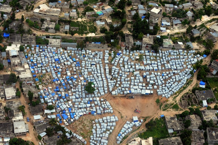 A tent city is seen in Leogane, 33 km south of Port-au-Prince, on June 2, 2010.  Haiti faces an 'immense challenge' in rebuilding after January's earthquake, President Rene Preval told a donors' conference on June 2 called to speed payment of billions of dollars in pledges. (Photo: AFP)