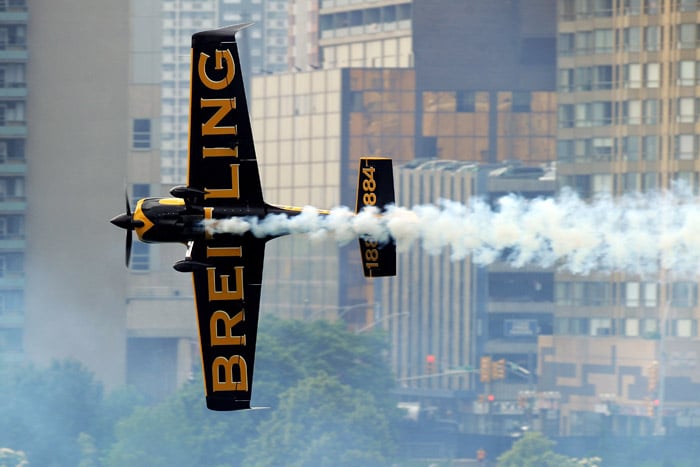 Nigel Lamb of Great Britain in action on the Detroit River during the Red Bull Air Race Training day on June 3, 2010 in Windsor, Canada. (Photo: AFP)