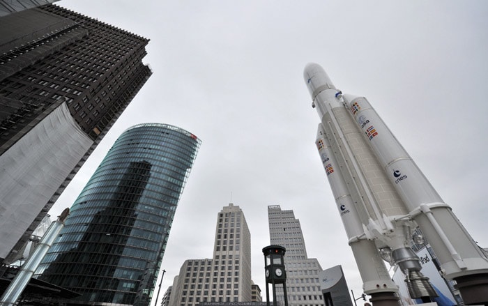 A model of an Ariane 5 rocket is pictured on June 2, 2010 at Potsdamer Platz in Berlin. (Photo: AFP)