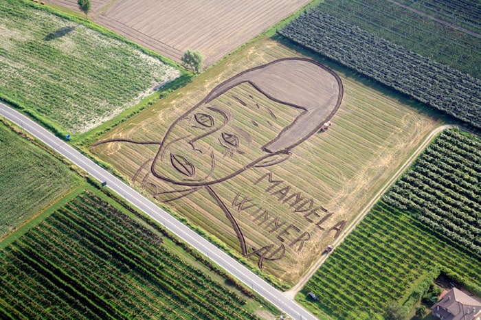 A picture taken on Sunday, July 11, 2010 in Castagnaro, northern Italy and made available by Italian Land Artist Dario Gambarin, shows a gigantic portrait of former South Africa's President and anti-apartheid icon Nelson Mandela ploughed by Gambarin in a country field of 27.000 square meters to mark the end of the Soccer World Cup in South Africa. (Photo: AP)