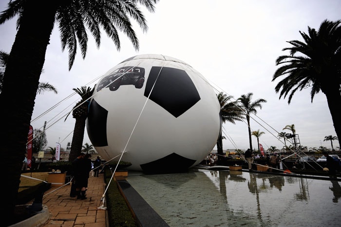 A general view of the biggest football in the world is seen on July 5, 2010 during the world's biggest football, record-breaking attempt at the Emperor's Palace in Johannesburg, South Africa. The event took place one day before the start of the semi-final stage of the 2010 World Cup. (Photo: AFP)