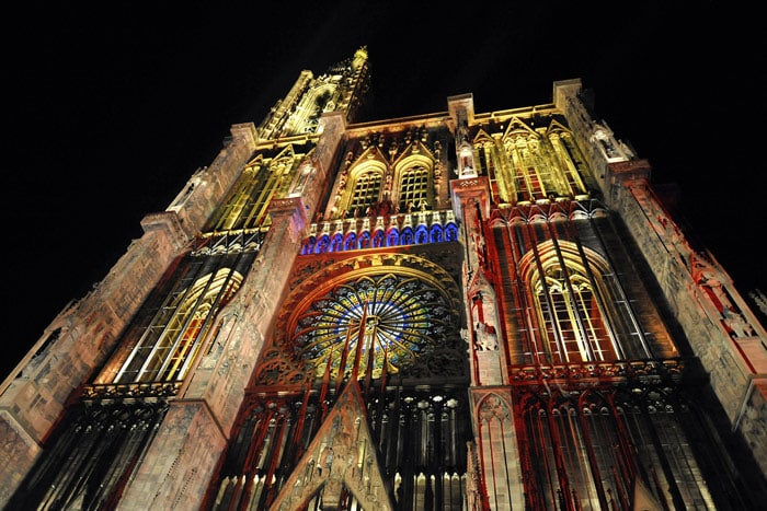 A picture taken on July 11 shows the Strasbourg's cathedral floodlited as part of the summer animations. (Photo: AFP)