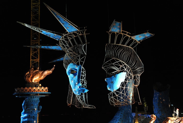 Scene of the Giuseppe Verdi's opera <i>Aida</i> during a dress rehearsal on late Friday evening, July 16, 2010, at the floating stage  on Lake Constance in Bregenz, Austria. The opera, directed by British director Graham Vick, will have its premiere on July 22 at the annual Bregenz festival. (Photo: AP)