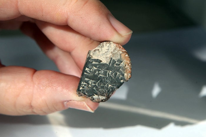 Israeli archeologist Dr. Eilat Mazar of the Hebrew University Institute of Archaeology holds a clay fragment at her Jerusalem office on July 12, 2010. Israeli archaeologists in Jerusalem have uncovered an ancient encrypted clay fragment dating back some 3,400 years, the oldest-ever sample of writing found in the Holy City. (Photo: AFP)