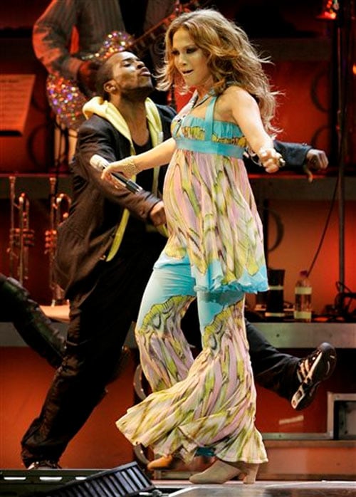 Singer and actress Jennifer Lopez performed with husband Marc Anthony in Miami while expecting twins Max and Emme.