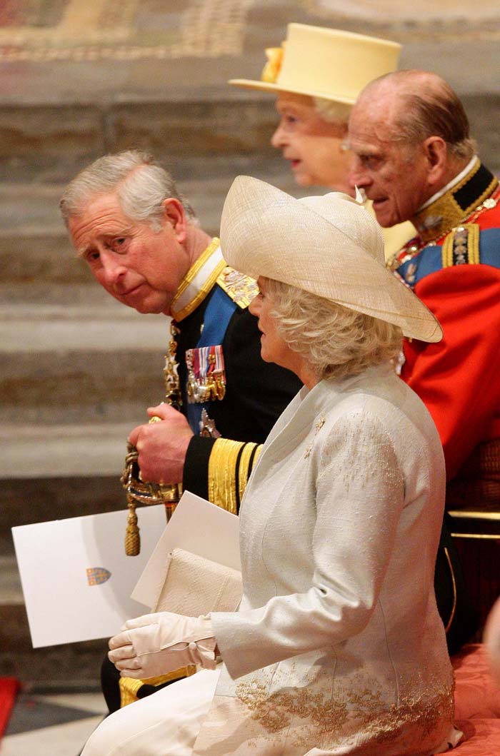 Queen Elizabeth II, the Duke of Edinburgh, the Prince of Wales and his wife, the Duchess of Cornwall, at Westminster Abbey.