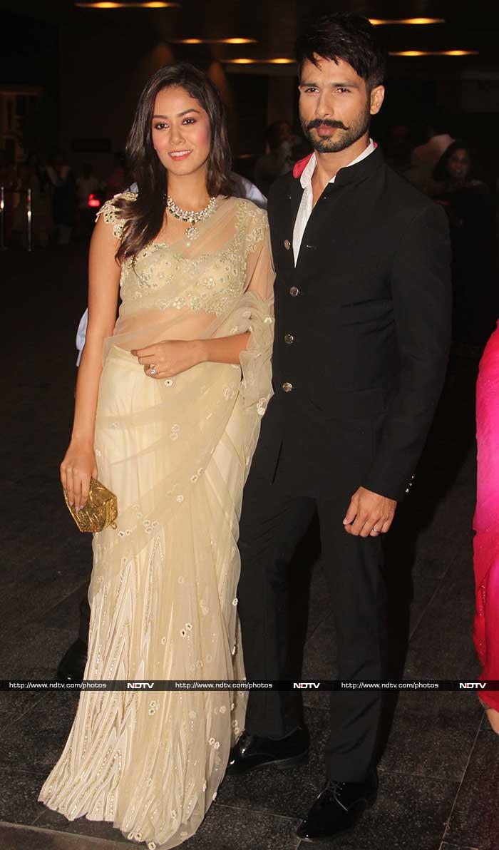 Actor Shahid Kapoor and his wife Mira Rajput, close friends of Masaba, made a striking pair - he in a black suit, she in Arpita Mehta.