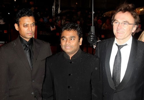 From left Actor Irrfan Khan, Rahman and Danny Boyle at the red carpet.