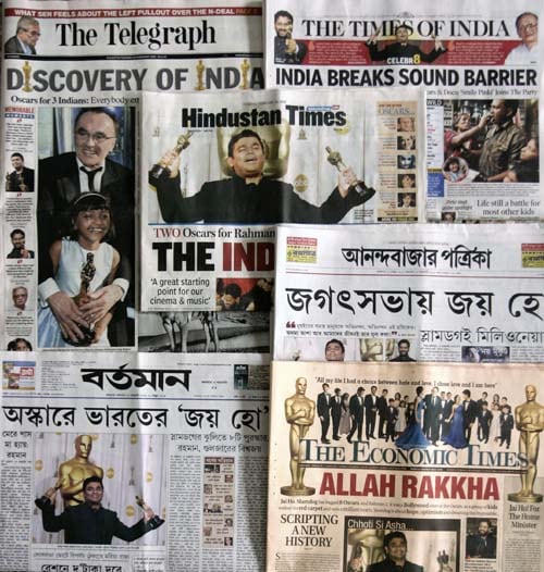 Headlines of newspapers celebrating the victory of A R Rahman in Kolkata.