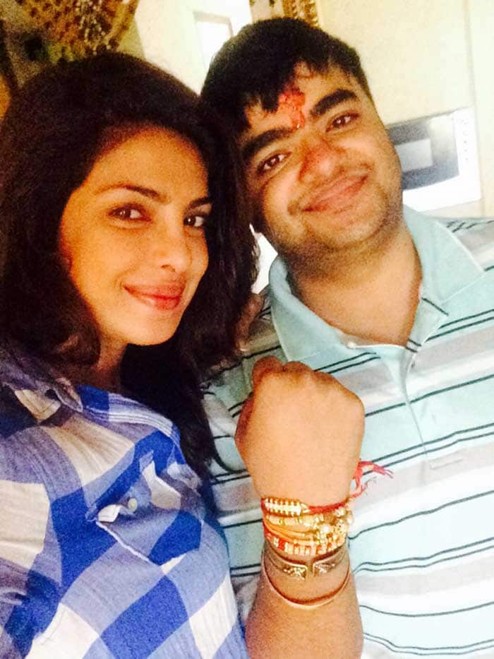 Actress Priyanka Chopra celebrated the festival of Rakshabandhan with her younger brother Siddharth on Sunday. She shared a selfie and captioned it "early morning Rakhi with sid!" <br><br>

This image was posted on Twitter by <a href="https://twitter.com/priyankachopra" target="_blank" rel="nofollow" >priyankachopra</a>