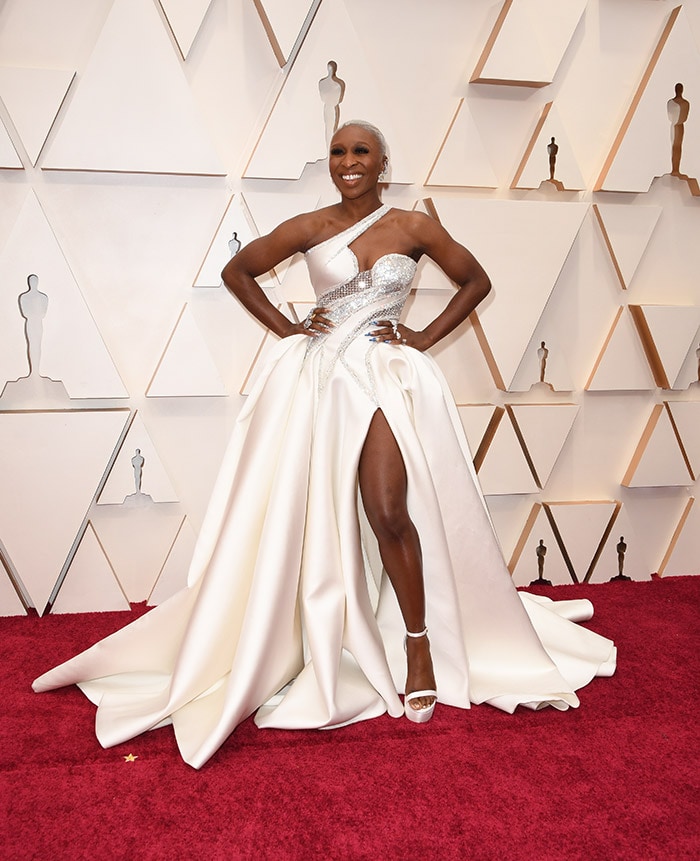 Best Actress nominee Cynthia Erivo turned heads wearing a white ensemble with a thigh-high slit by Atelier Versace.