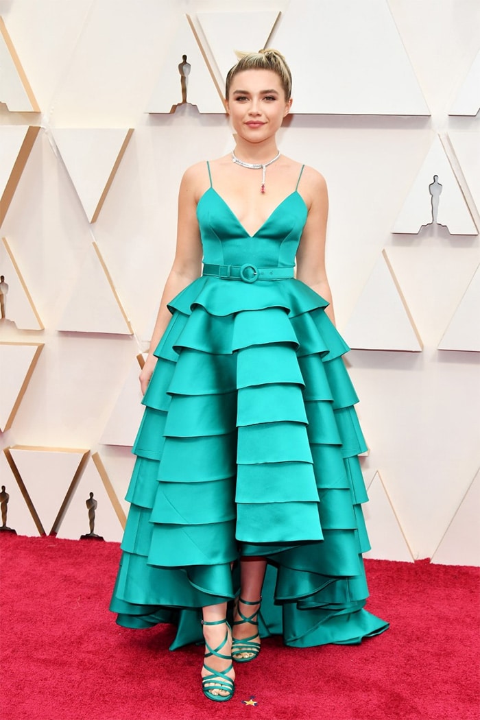 Best Supporting Actress nominee Florence Pugh wore a teal gown by Louis Vuitton.