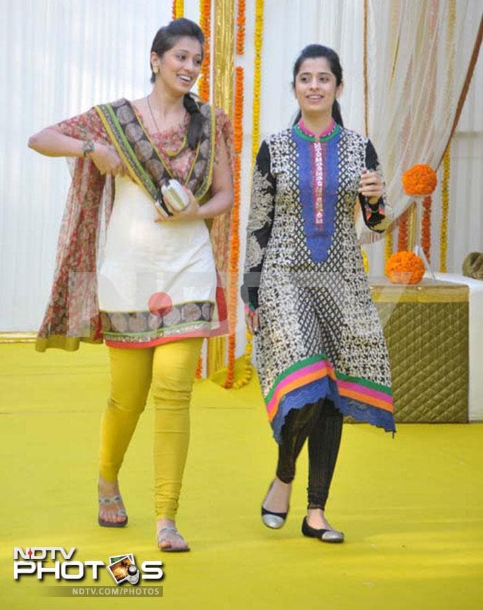 Actress Lakshmi Rai walks in with her sister Ashwini Rai.