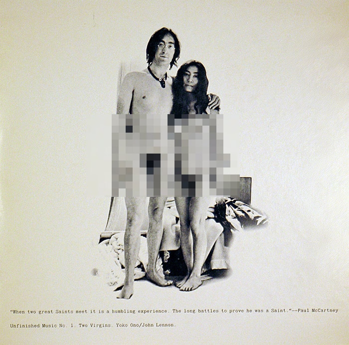 'Unfinished Music No.1: Two Virgins' is an album released by John Lennon and Yoko Ono in 1968. The album's title came from the couple's feeling that they were "two innocents, lost in a world gone mad", and because after making the recording, the two consummated their relationship for the first time.The couple used a time-delay camera to take nude photographs of themselves, for the album's cover; the front showed them frontally nude, while the rear showed them from behind. The cover provoked an outrage, prompting distributors to sell the album in a plain brown wrapper. Copies of the album were impounded as obscene in several jurisdictions. Lennon commented that the uproar seemed to have less to do with the explicit nudity, and more to do with the fact that the pair were rather unattractive (and the photo unflattering; Lennon described it later as a picture of "two slightly overweight ex-junkies"). Nevertheless, the taboo-breaking album cover was perhaps the first time that a male celebrity of any consequence had exposed himself so thoroughly to the public. (Text: Wikipedia)