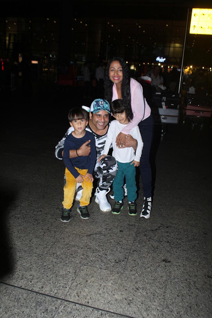 Krushna Abhishek and  Kashmera Shah were spotted with their kids, Krishaang and Rayaan, at the airport.