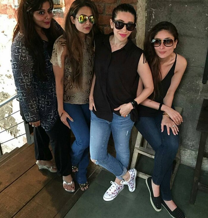 Actor Saif Ali Khan, who turned 45 on August 16, celebrated his birthday with a Sunday brunch, with wife Kareena Kapoor by his side. He was also joined by sister-in-law Karisma Kapoor and Malaika Arora Khan's sister Amrita Arora. The Kapoor sisters were chic in black and denims. <br><br>This image was posted on Instagram by <a href="https://instagram.com/kareenabebo/" target="_blank" rel="nofollow" >Kareena Kapoor</a>