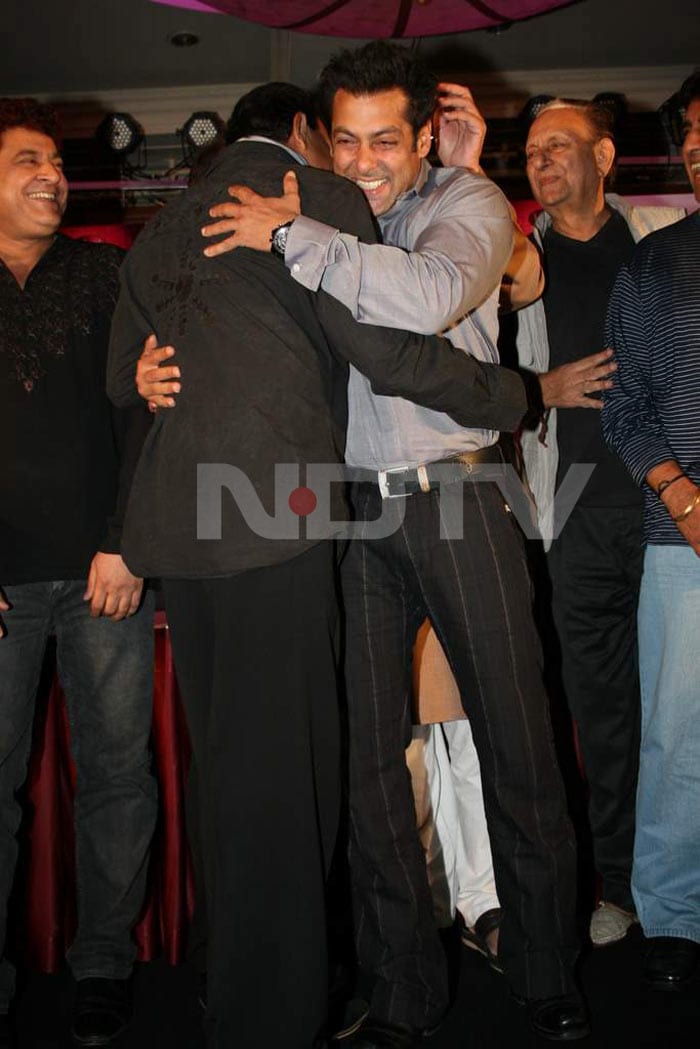 Salman Khan hugs Mithun at the launch of the show.