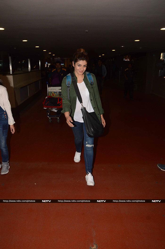 Actress Raveena Tandon dialled down her airport style in casuals.