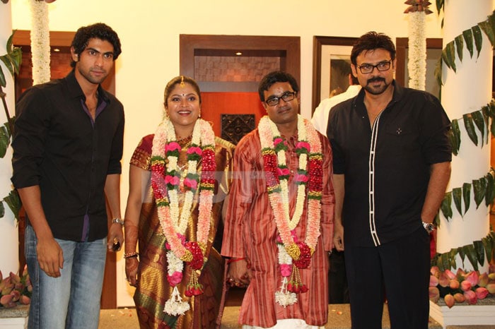 Telugu superstar Venkatesh and his nephew, actor Rana Daggubati with the couple.