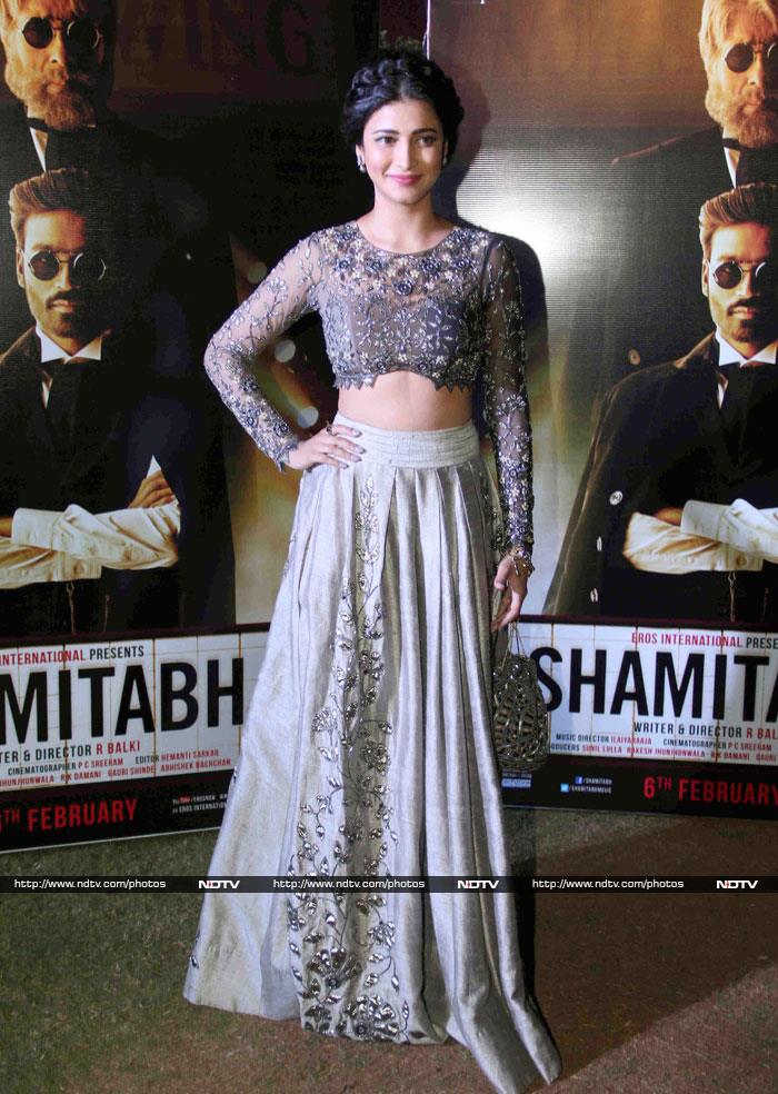 Kamal Haasan's elder daughter Shruti was a sight for sore eyes in a grey Arpita Mehta lehenga with a matching mirrored potli and an elegant braided updo.